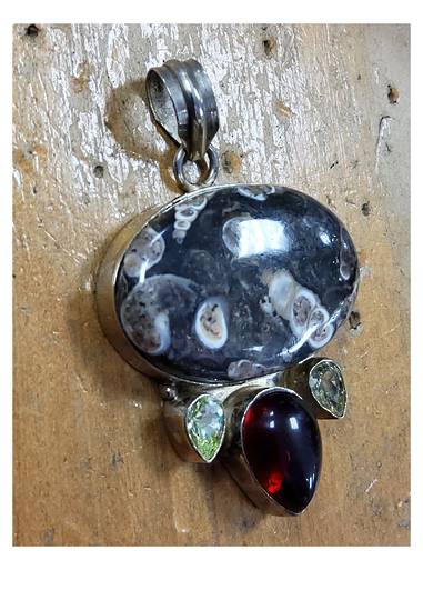 Sterling Silver Ocean Jasper Garnet and Peridot Pendant image 0